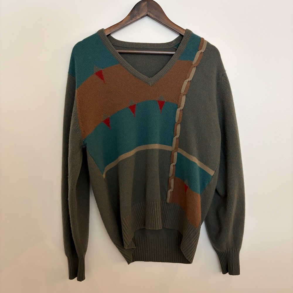 Vintage Mens V-Neck Geometric Intarsia Sweater Olive Green‎ Teal Abstract XL